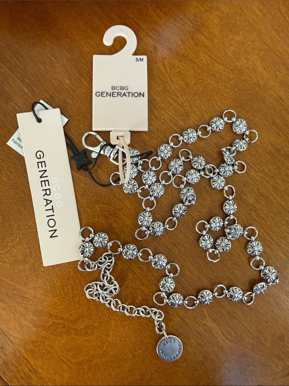 NWT BCBGeneration Silver Floral Medallion Chain Belt